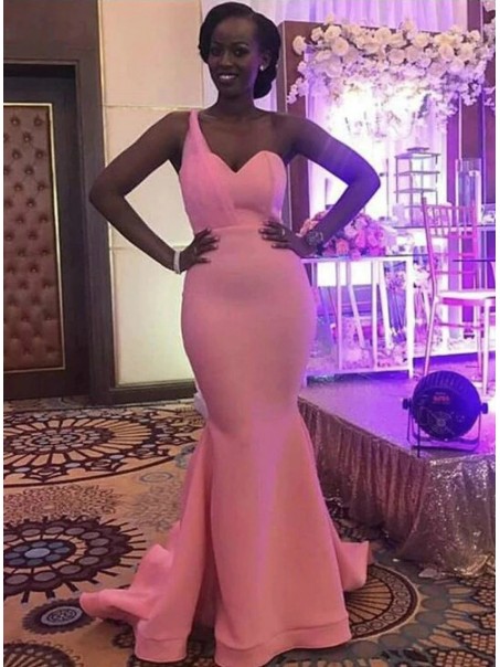 Long Pink Mermaid One Shoulder Floor Length Bridesmaid Dresses 902173