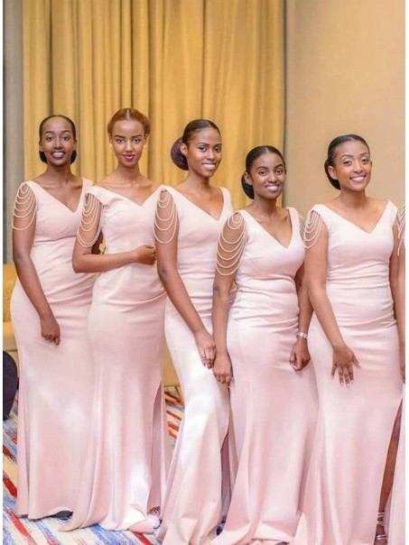 Long Pink Mermaid Modest Bridesmaid Dresses 902175