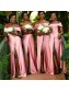 Long Pink Off the Shoulder Floor Length Bridesmaid Dresses with Slit 902178 Long Pink Off the Shoulder Floor Length Bridesmaid Dresses with Slit 902178
