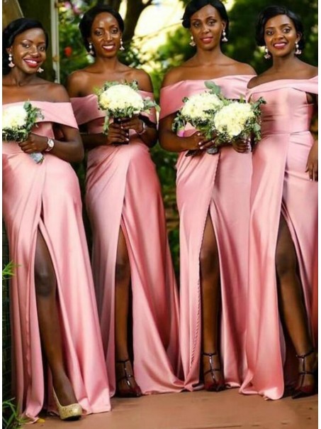 Long Pink Off the Shoulder Floor Length Bridesmaid Dresses with Slit 902178 Long Pink Off the Shoulder Floor Length Bridesmaid Dresses with Slit 902178