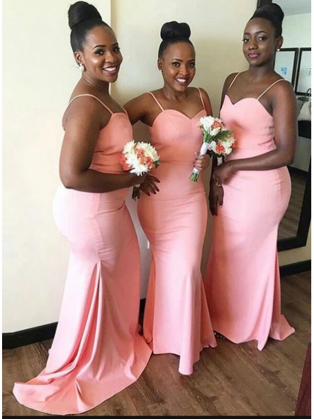 Long Pink Mermaid Spaghetti Straps Bridesmaid Dresses 902181