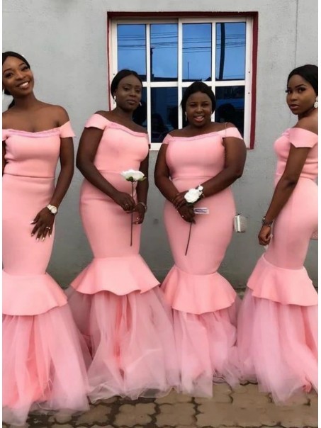 Long Pink Mermaid Off the Shoulder Bridesmaid Dresses 902186