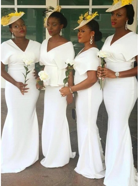 Long White Mermaid V Neck Bridesmaid Dresses 902194