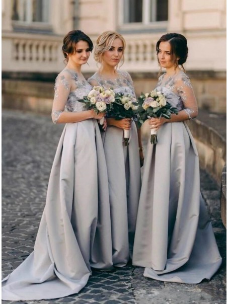 A-Line Lace and Satin Long Bridesmaid Dresses with Sleeves 902197 A-Line Lace and Satin Long Bridesmaid Dresses with Sleeves 902197
