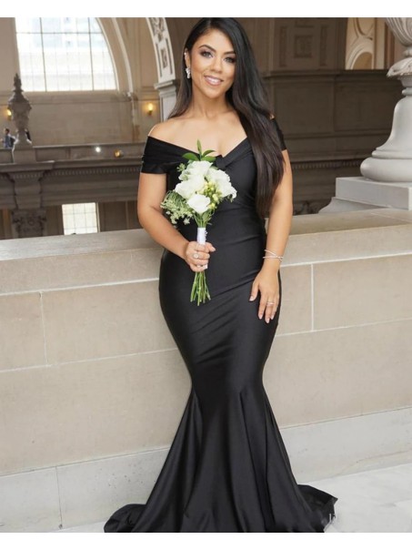 Long Black Mermaid Off the Shoulder Floor Length Bridesmaid Dresses 902201