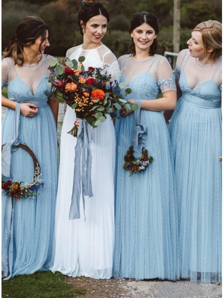 Modest Long Blue Tulle and Lace Bridesmaid Dresses with Sleeves 902202 Modest Long Blue Tulle and Lace Bridesmaid Dresses with Sleeves 902202
