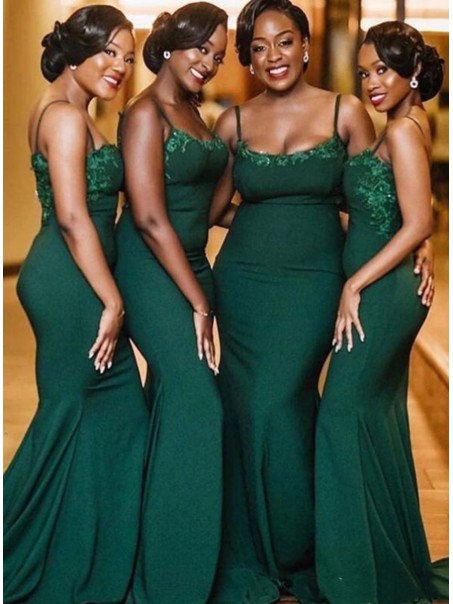Long Green Mermaid Lace Spaghetti Straps Bridesmaid Dresses 902207