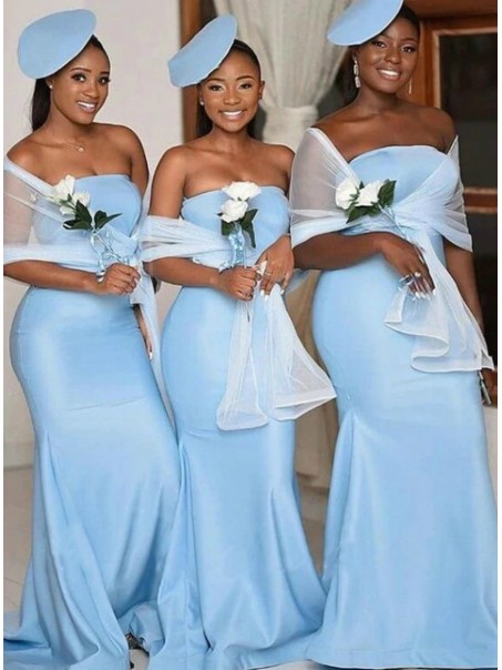 Long Blue Strapless Mermaid Bridesmaid Dresses 902208