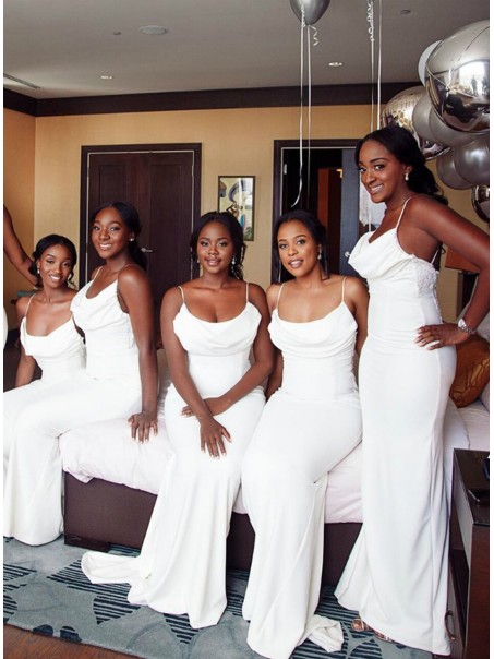 Long White Mermaid Spaghetti Straps Bridesmaid Dresses 902224