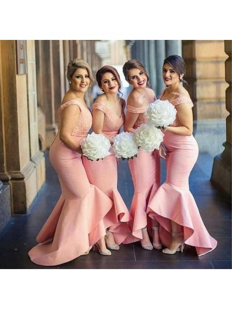 Long Pink Mermaid Off the Shoulder Lace Bridesmaid Dresses 902230