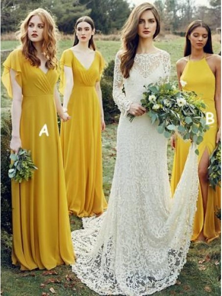 Long Yellow Chiffon V Neck Floor Length Bridesmaid Dresses 902232