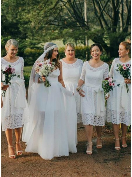 Short White Lace Bridesmaid Dresses with Sleeves 902234 Short White Lace Bridesmaid Dresses with Sleeves 902234