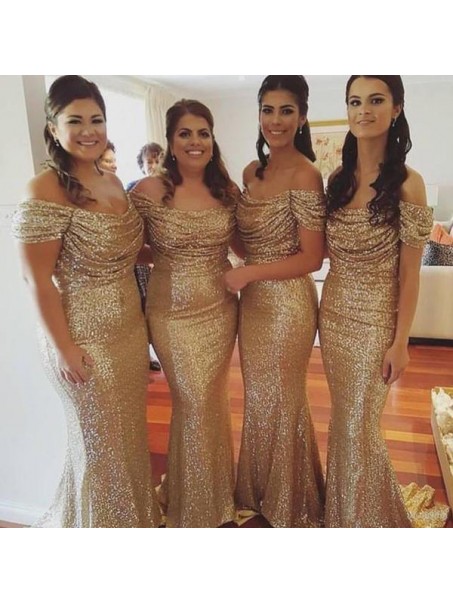 Long Mermaid Off the Shoulder Sequin Bridesmaid Dresses 902275