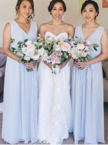 Long Blue Chiffon V Neck Floor Length Bridesmaid Dresses 902287