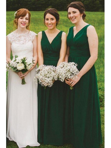 Long Green Chiffon V Neck Bridesmaid Dresses 902289