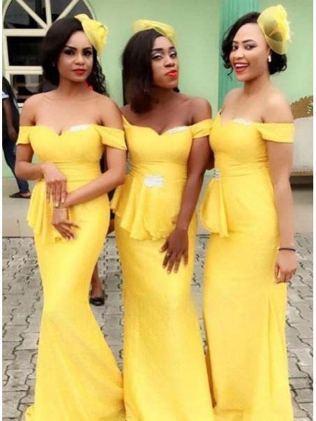 Long Yellow Mermaid Off the Shoulder Bridesmaid Dresses 902294