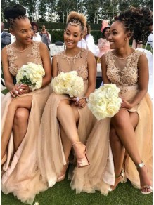 Long Beaded Lace and Tulle Bridesmaid Dresses 902298