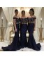 Long Navy Blue Mermaid Lace Off the Shoulder Bridesmaid Dresses 902305
