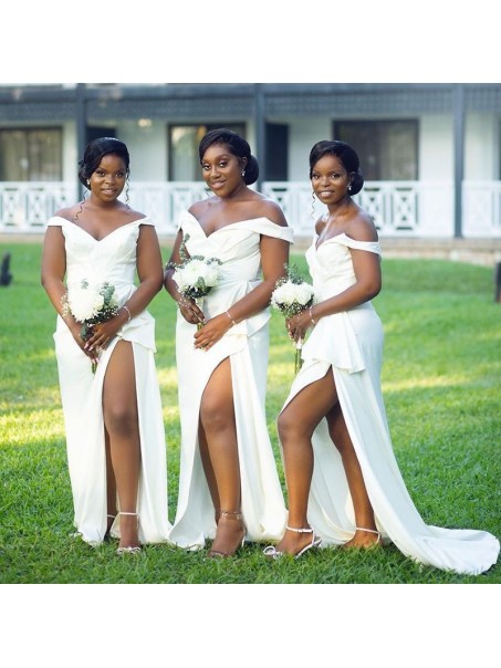 Long White Sheath Off the Shoulder Bridesmaid Dresses with Slit 902306