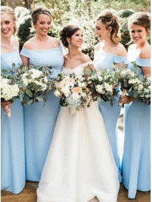 Long Blue Off the Shoulder Floor Length Bridesmaid Dresses 902313