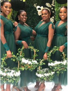 Long Green Tulle Lace V Neck Tea Length Bridesmaid Dresses with Long Sleeves 902315