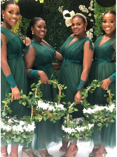 Long Green Tulle Lace V Neck Tea Length Bridesmaid Dresses with Long Sleeves 902315