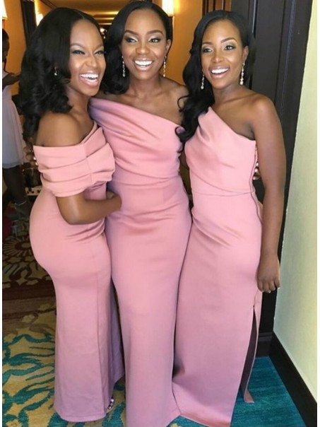 Long Pink One Shoulder Bridesmaid Dresses 902327