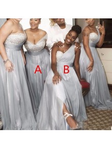 A-Line Long Chiffon Beaded Plus Size Bridesmaid Dresses 902335