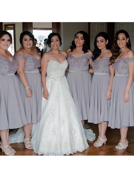 Short Chiffon and Lace Off the Shoulder Bridesmaid Dresses 902336