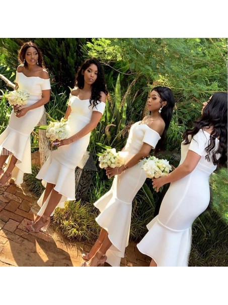 Short White Mermaid Off the Shoulder Bridesmaid Dresses 902344