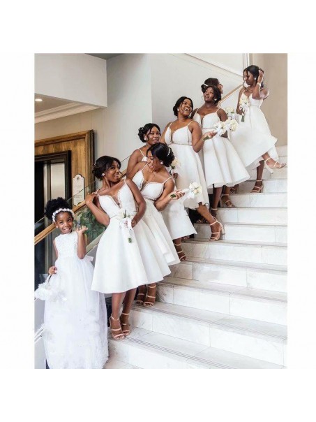 Short White Spaghetti Straps Beaded Bridesmaid Dresses 902345