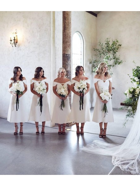 Long White Off the Shoulder Tea Length Bridesmaid Dresses 902346