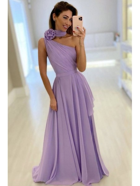 Long One Shoulder Lavender Chiffon Bridesmaid Dresses 902347