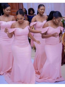Long Pink Mermaid Spaghetti Straps Lace Bridesmaid Dresses 902349 Long Pink Mermaid Spaghetti Straps Lace Bridesmaid Dresses 902349