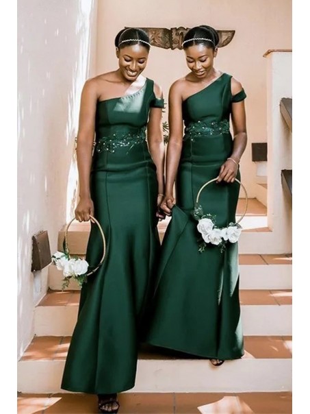 Long Green Mermaid One Shoulder Bridesmaid Dresses 902357