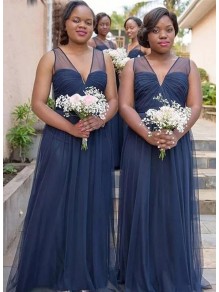 Long Navy Blue Tulle V Neck Bridesmaid Dresses 902358 Long Navy Blue Tulle V Neck Bridesmaid Dresses 902358
