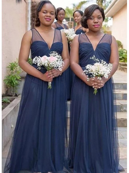 Long Navy Blue Tulle V Neck Bridesmaid Dresses 902358