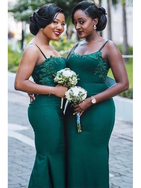 Long Green Mermaid Spaghetti Straps Bridesmaid Dresses 902360