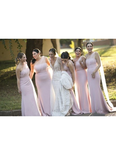 Long Pink Mermaid One Shoulder Bridesmaid Dresses 902361