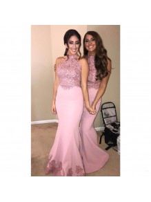 Long Pink Mermaid Lace Floor Length Bridesmaid Dresses 902363