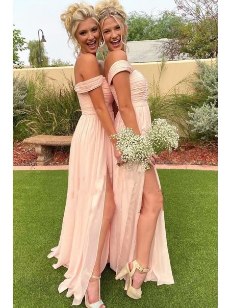 Long Pink Off the Shoulder Chiffon Bridesmaid Dresses 902366