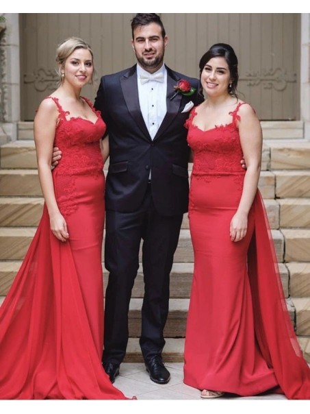Long Red Mermaid Lace Bridesmaid Dresses 902370