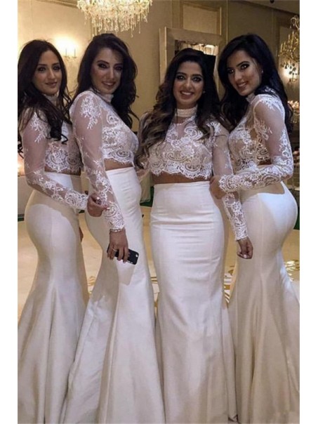 Long Mermaid Two Pieces White Lace Bridesmaid Dresses with Sleeves 902372