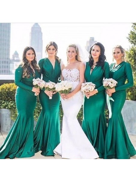 Long Green Mermaid Bridesmaid Dresses with Long Sleeves 902375