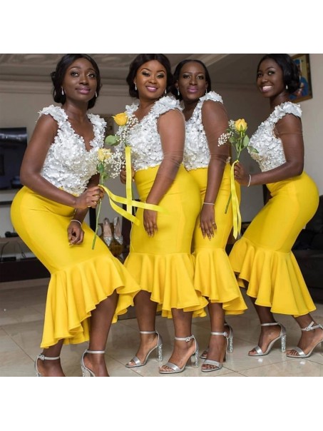 Long Yellow White Bridesmaid Dresses 902377