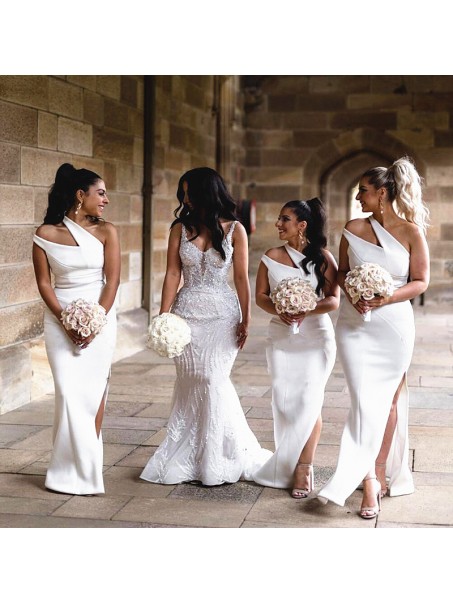 Long White Mermaid One Shoulder Bridesmaid Dresses 902384