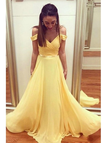 Long Yellow Off the Shoulder Chiffon Bridesmaid Dresses 902387