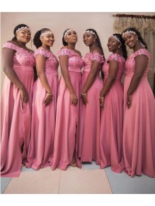 Long Pink Lace Floor Length Bridesmaid Dresses 902388