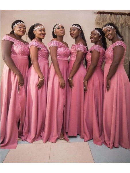 Long Pink Lace Floor Length Bridesmaid Dresses 902388