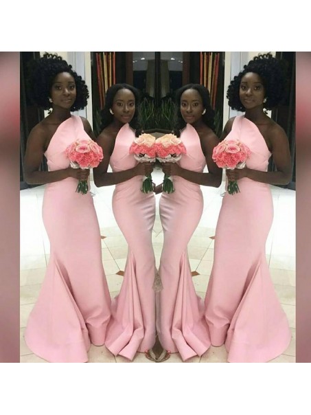 Long Pink Mermaid One Shoulder Bridesmaid Dresses 902392